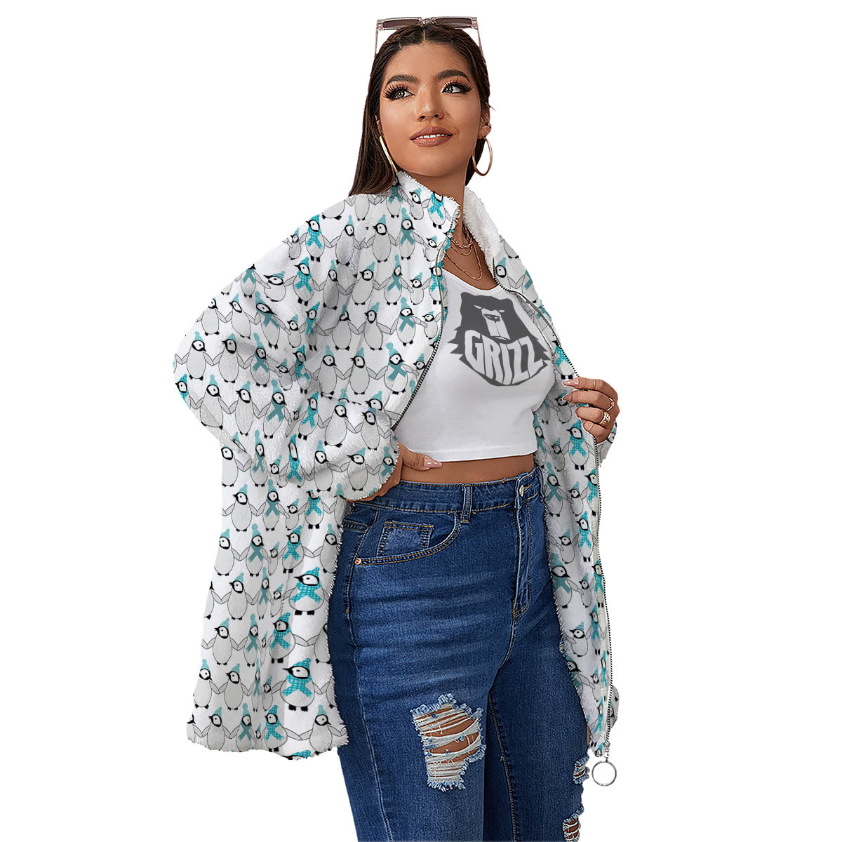 Penguin Emperor Cartoon Print Pattern Women's Sherpa Jacket-grizzshop