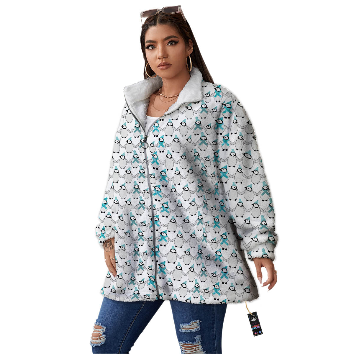 Penguin Emperor Cartoon Print Pattern Women's Sherpa Jacket-grizzshop