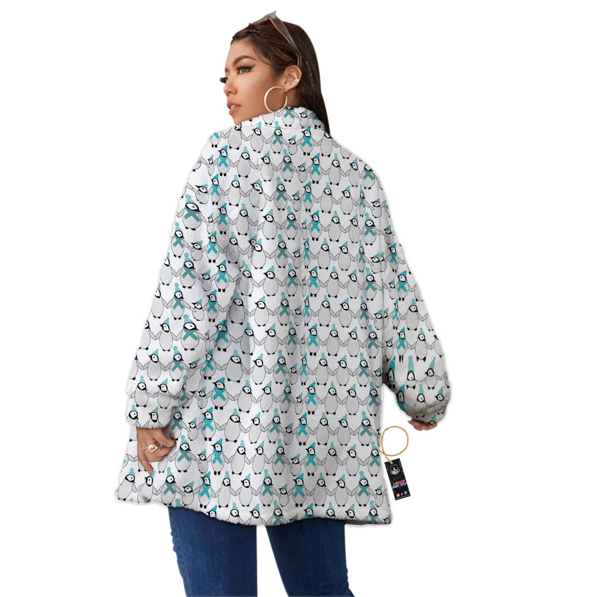 Penguin Emperor Cartoon Print Pattern Women's Sherpa Jacket-grizzshop