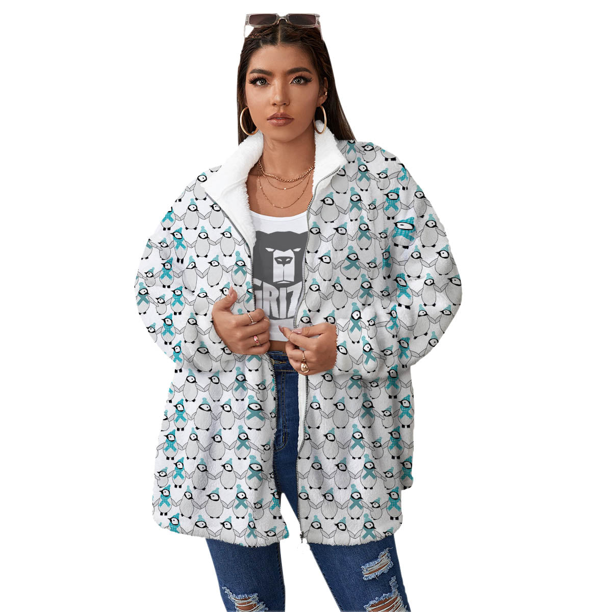 Penguin Emperor Cartoon Print Pattern Women's Sherpa Jacket-grizzshop