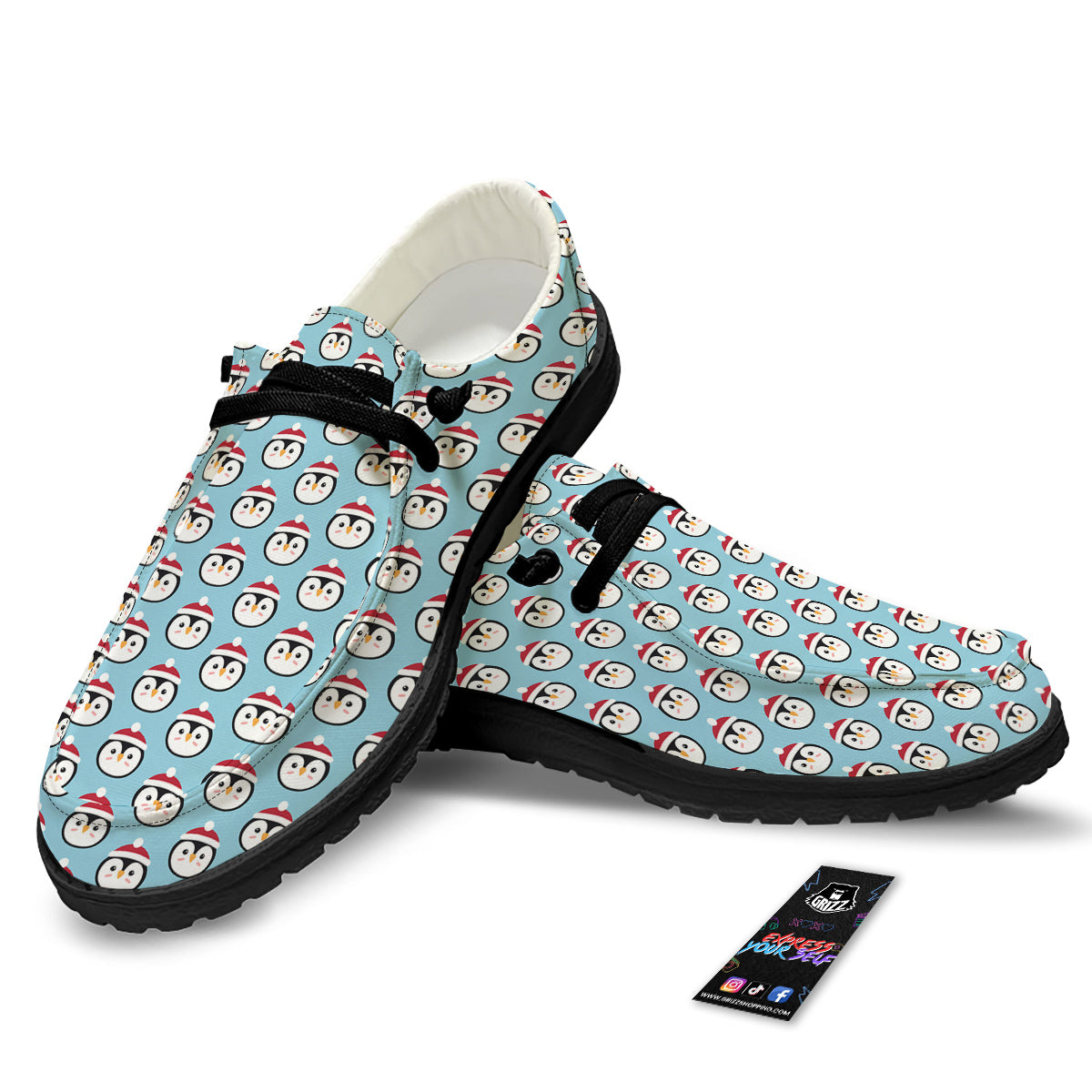 Penguin Face Cute Print Pattern Black Loafers-grizzshop