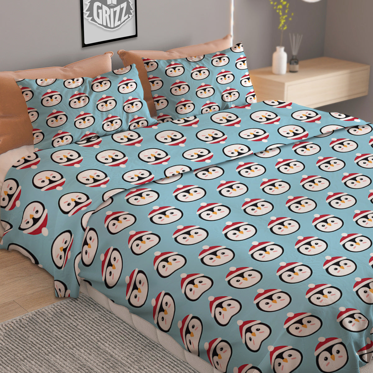 Penguin Face Cute Print Pattern Duvet Cover Bedding Set