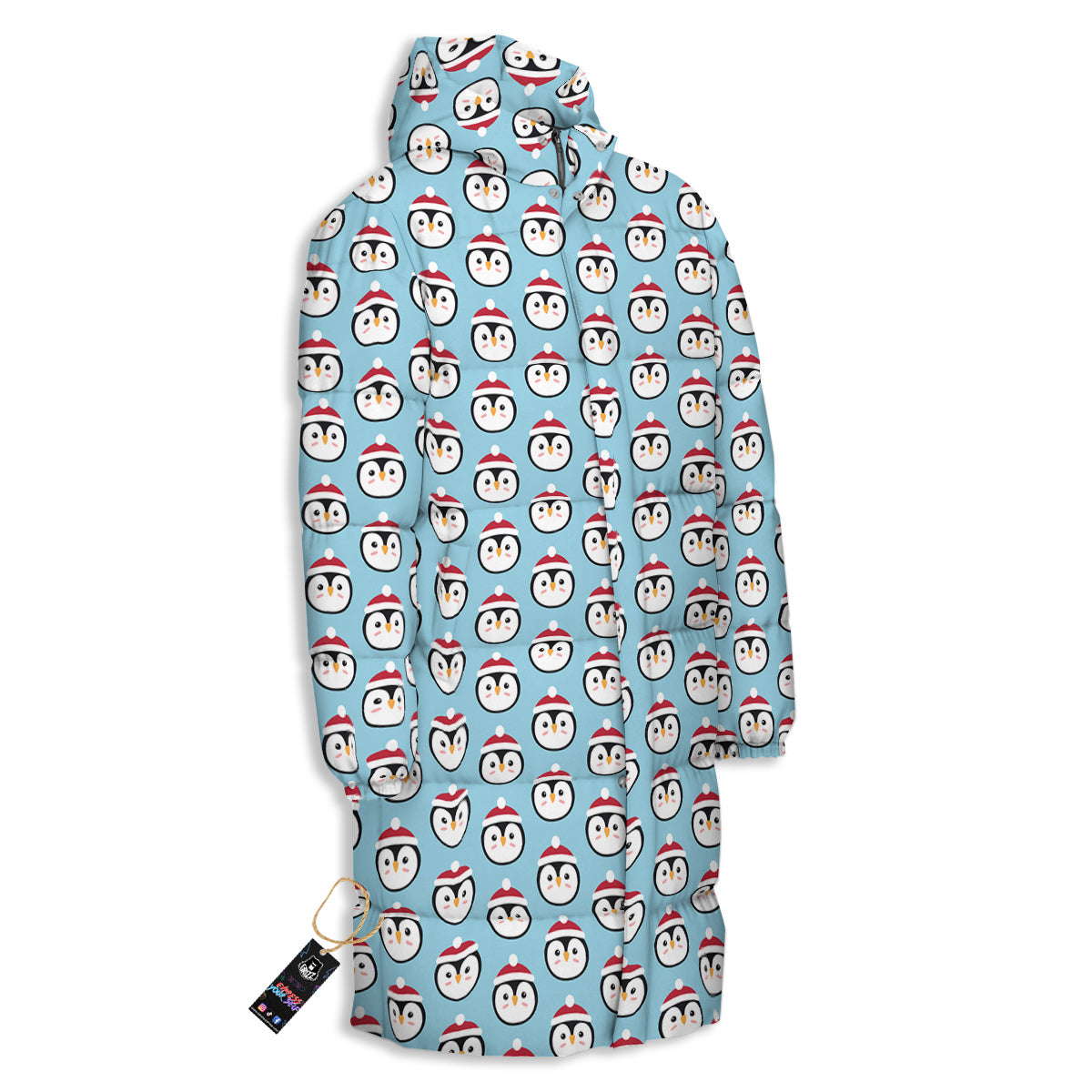 Penguin Face Cute Print Pattern Long Down Jacket-grizzshop