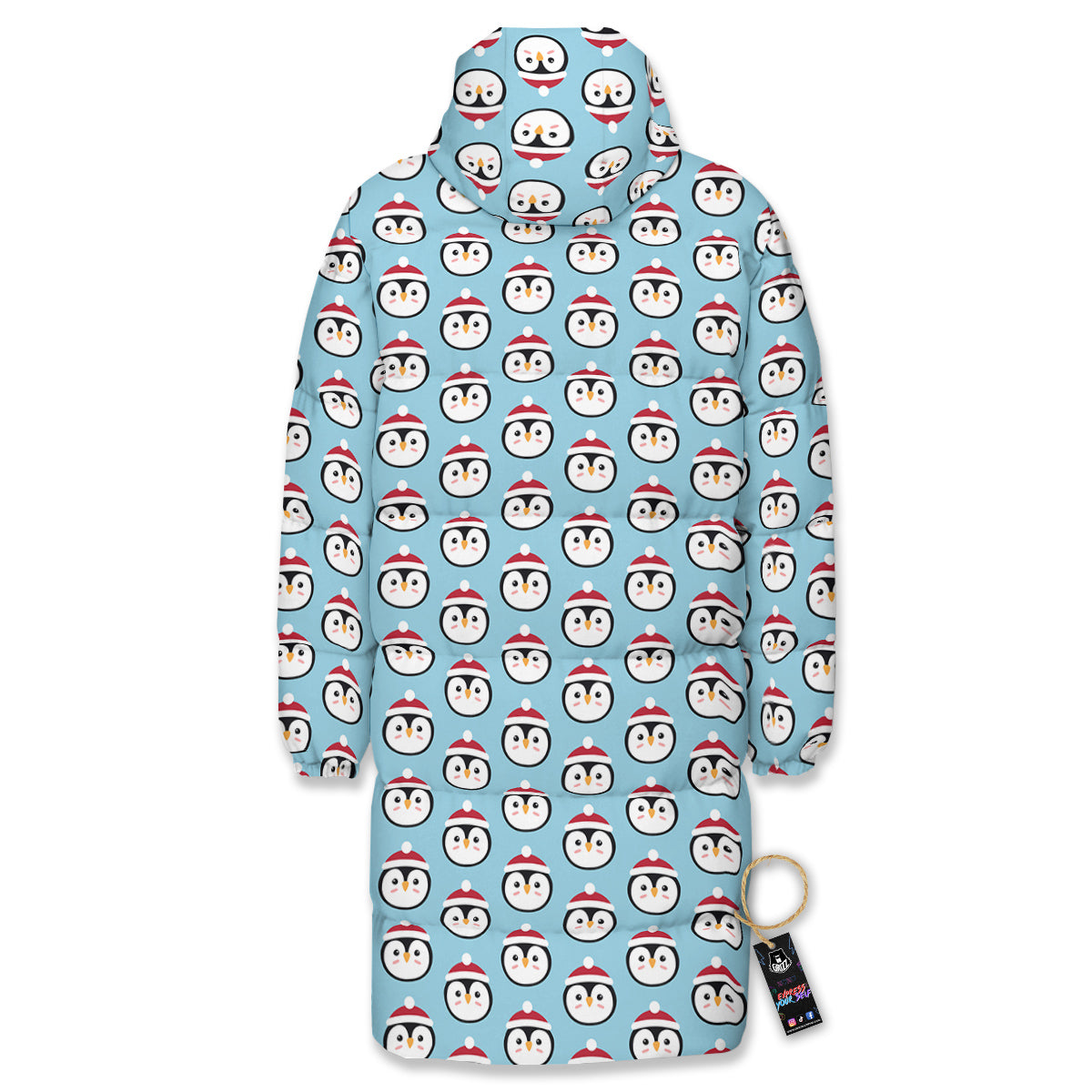 Penguin Face Cute Print Pattern Long Down Jacket-grizzshop