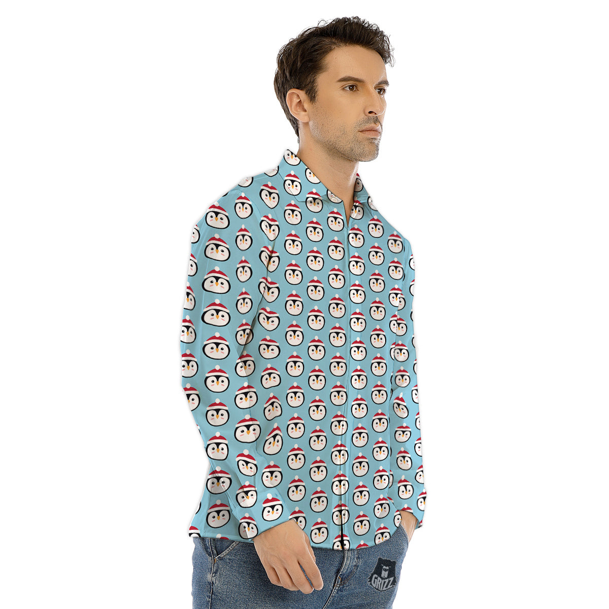 Penguin Face Cute Print Pattern Men's Dress Shirts-grizzshop