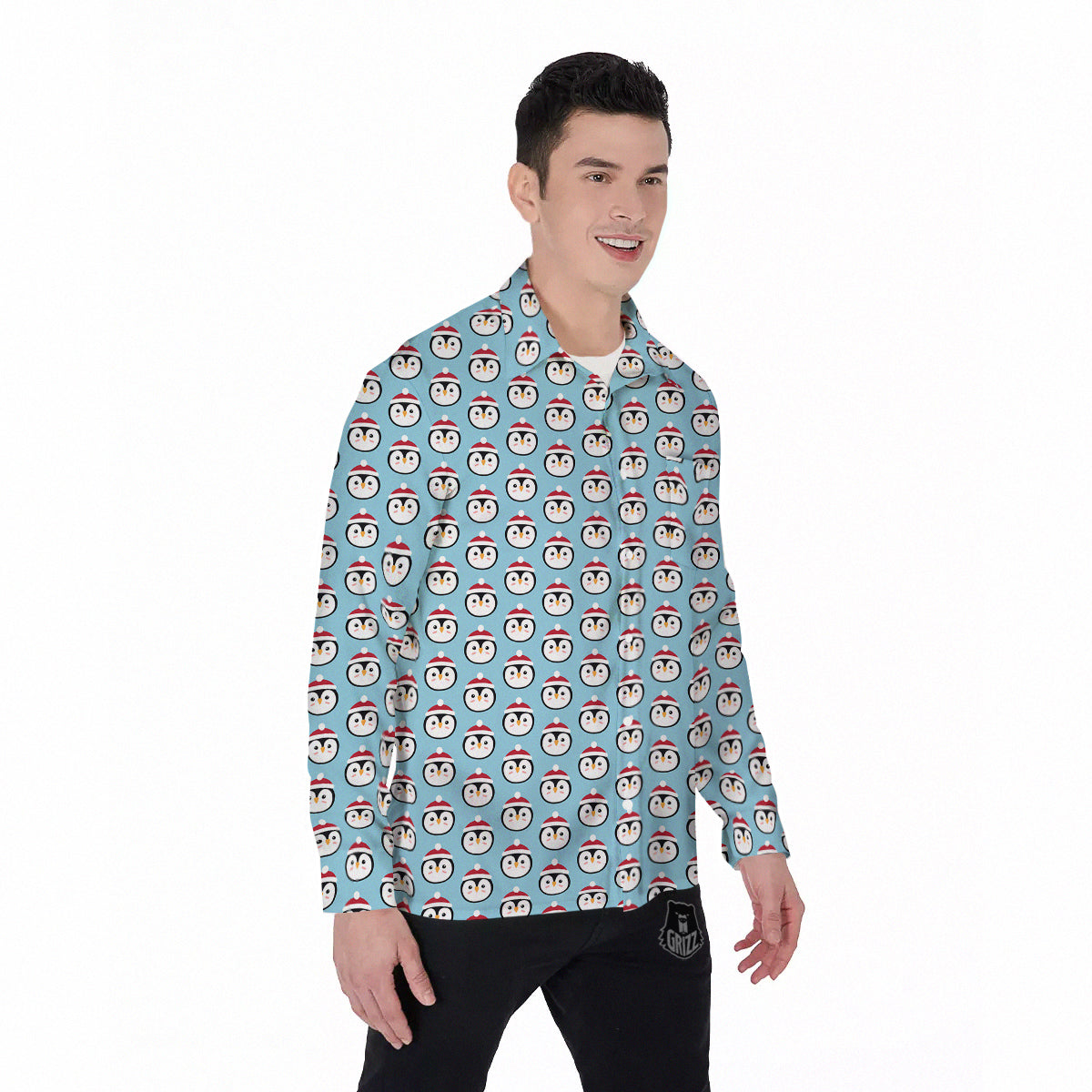 Penguin Face Cute Print Pattern Men's Long Sleeve Shirts-grizzshop
