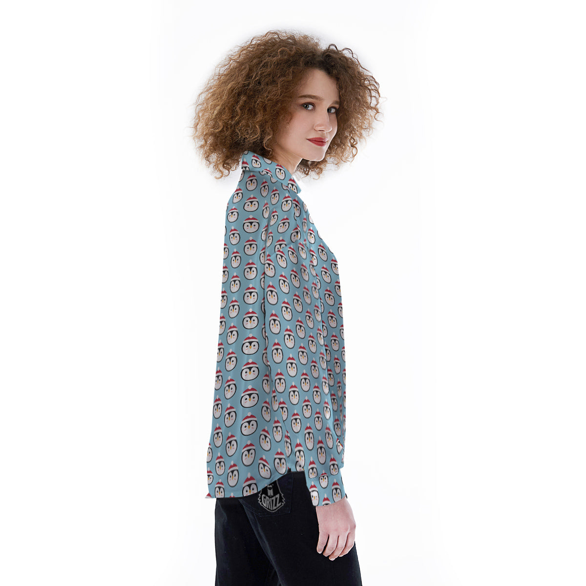 Penguin Face Cute Print Pattern Women's Long Sleeve Shirts-grizzshop