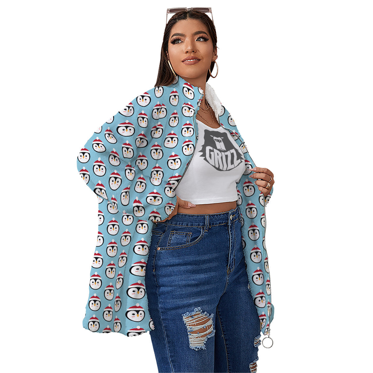 Penguin Face Cute Print Pattern Women's Sherpa Jacket-grizzshop