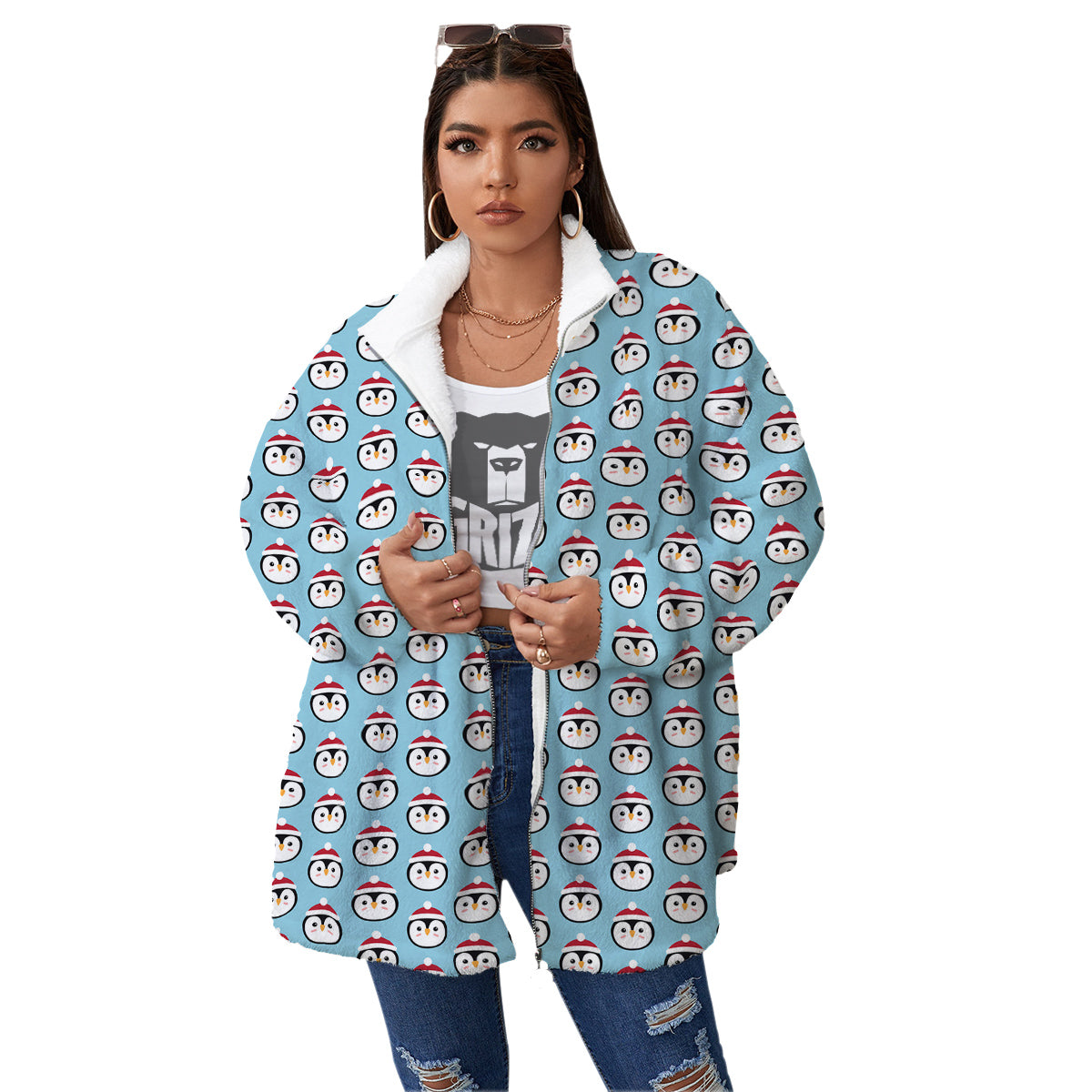Penguin Face Cute Print Pattern Women's Sherpa Jacket-grizzshop