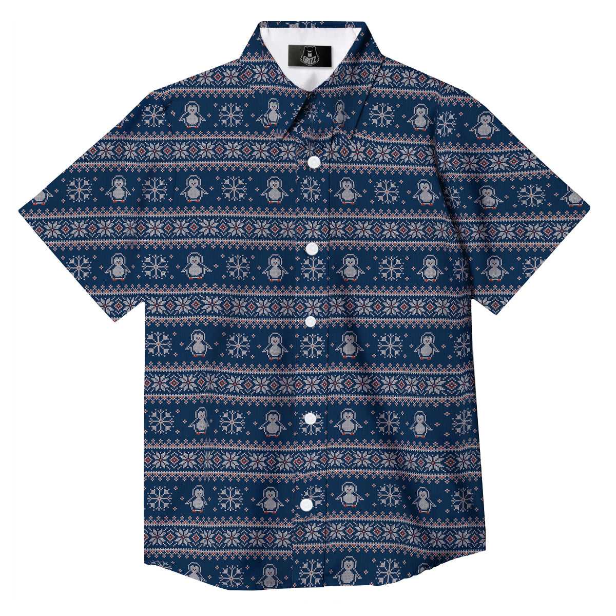 Penguin Knitted Christmas Print Button Up Shirt-grizzshop