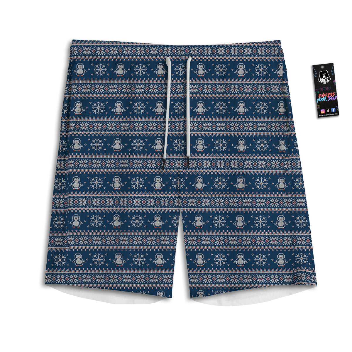 Penguin Knitted Christmas Print Men's Athletic Shorts