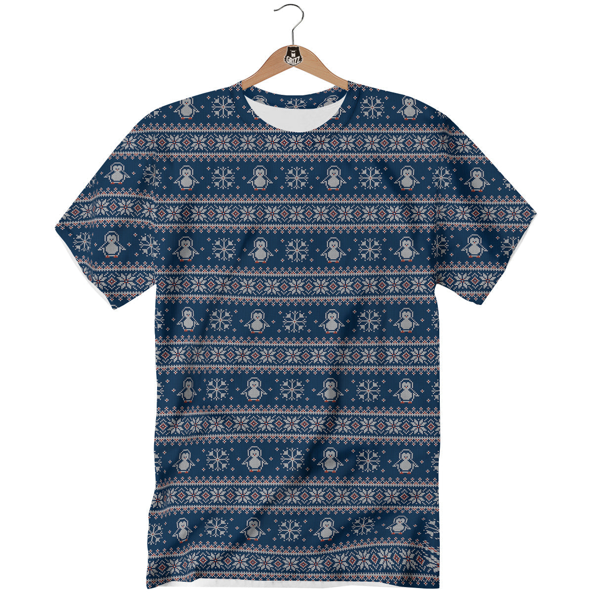 Penguin Knitted Christmas Print T-Shirt-grizzshop
