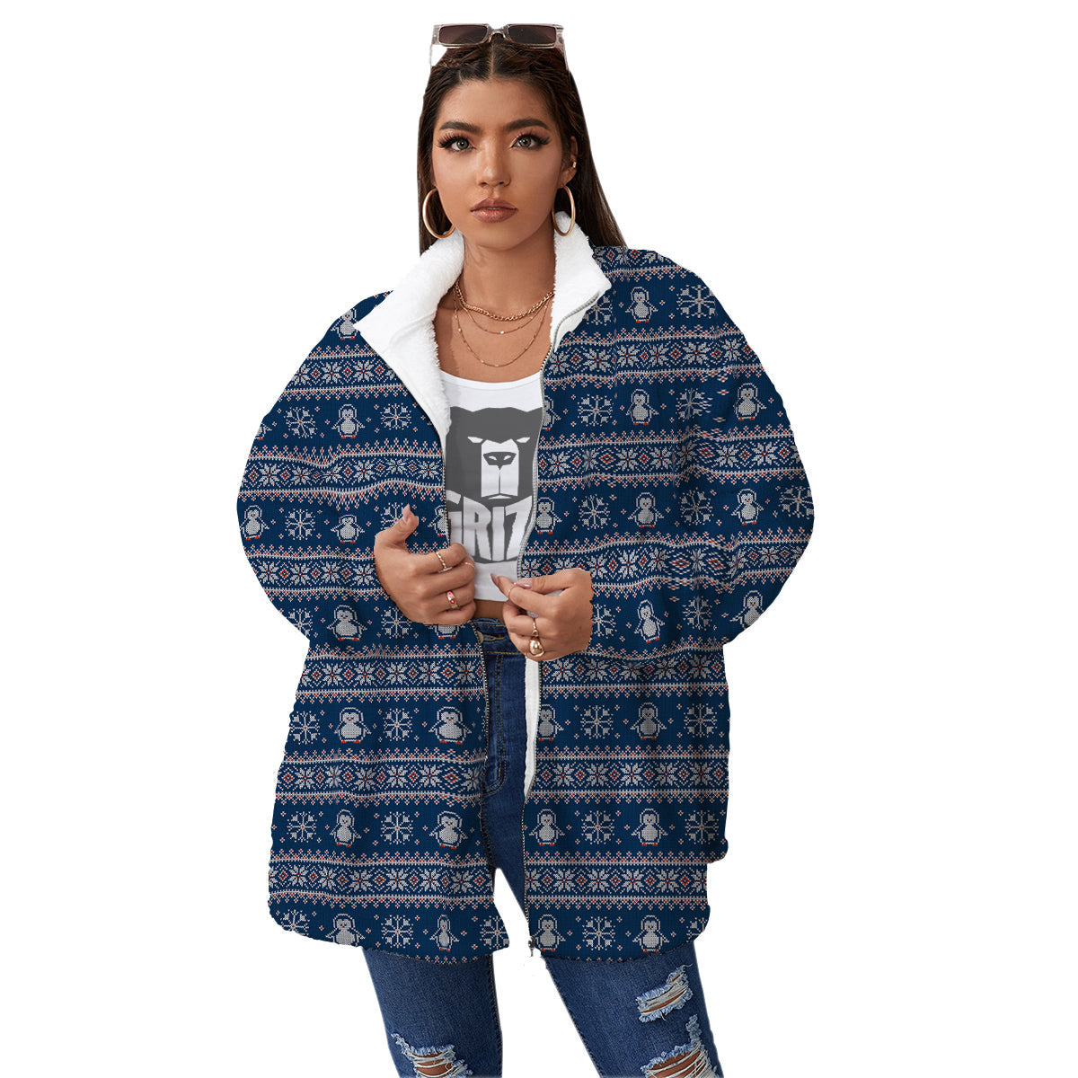 Penguin Knitted Christmas Print Women's Sherpa Jacket-grizzshop