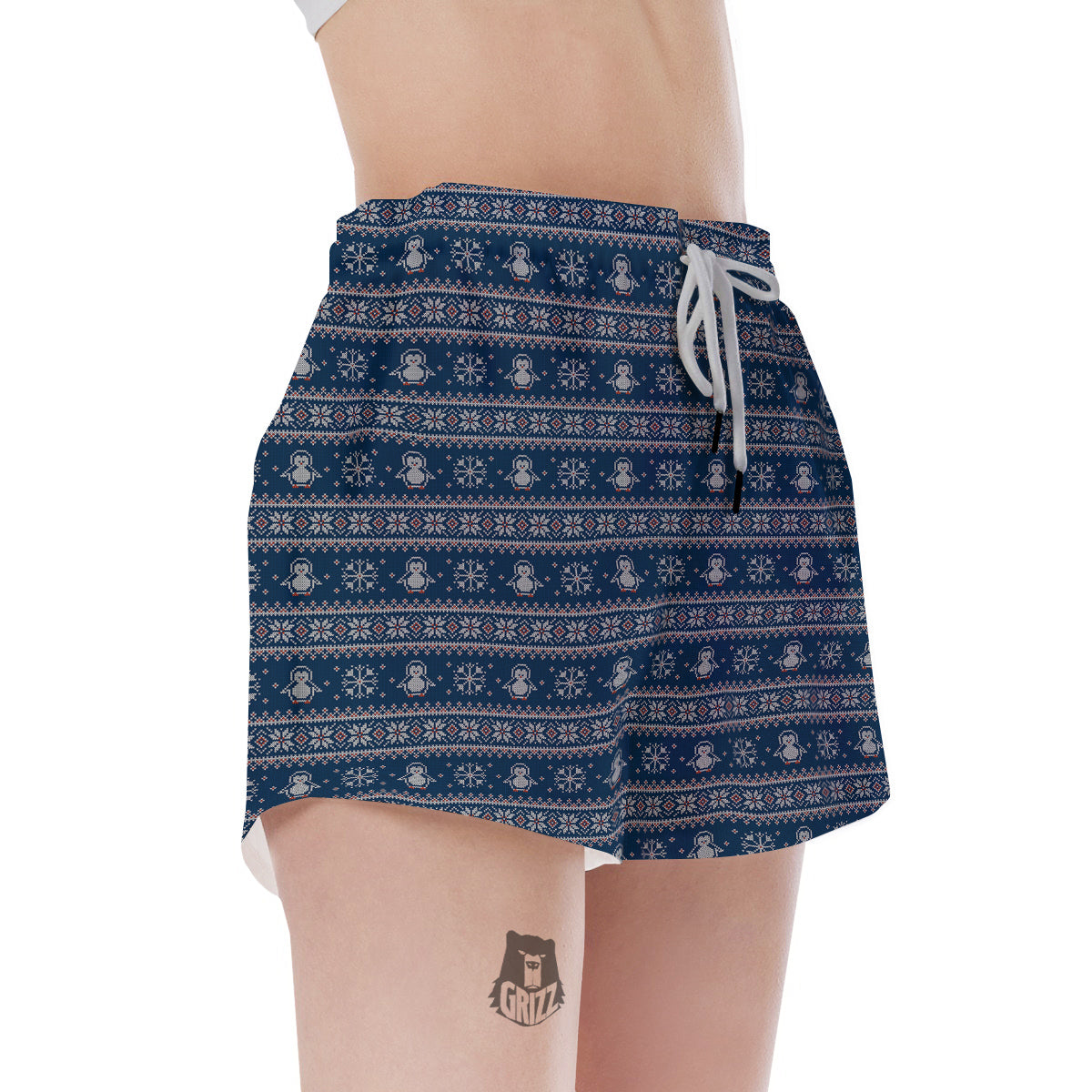Penguin Knitted Christmas Print Women's Shorts-grizzshop