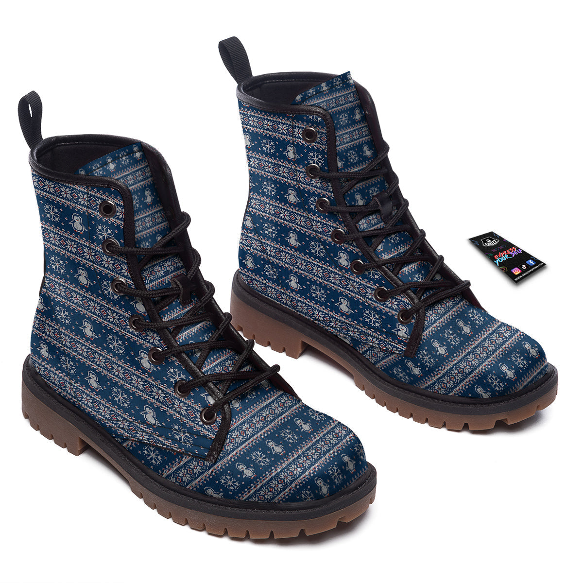 Penguin Knitted Christmas Print Work Boots-grizzshop
