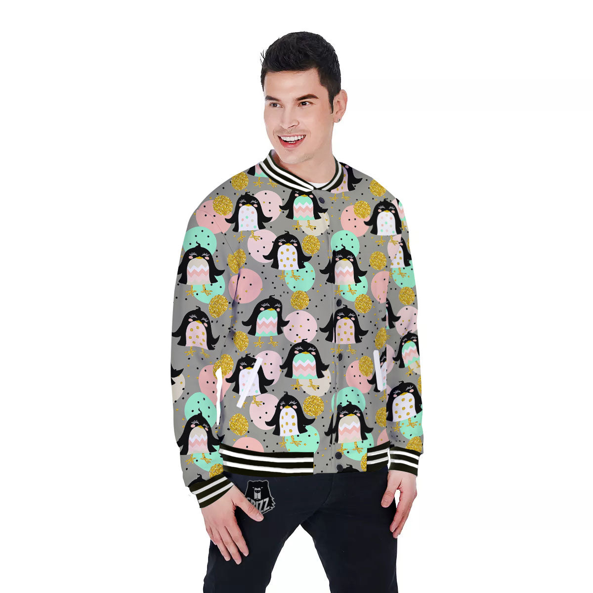 Penguin Pink Polka Print Pattern Baseball Jacket-grizzshop