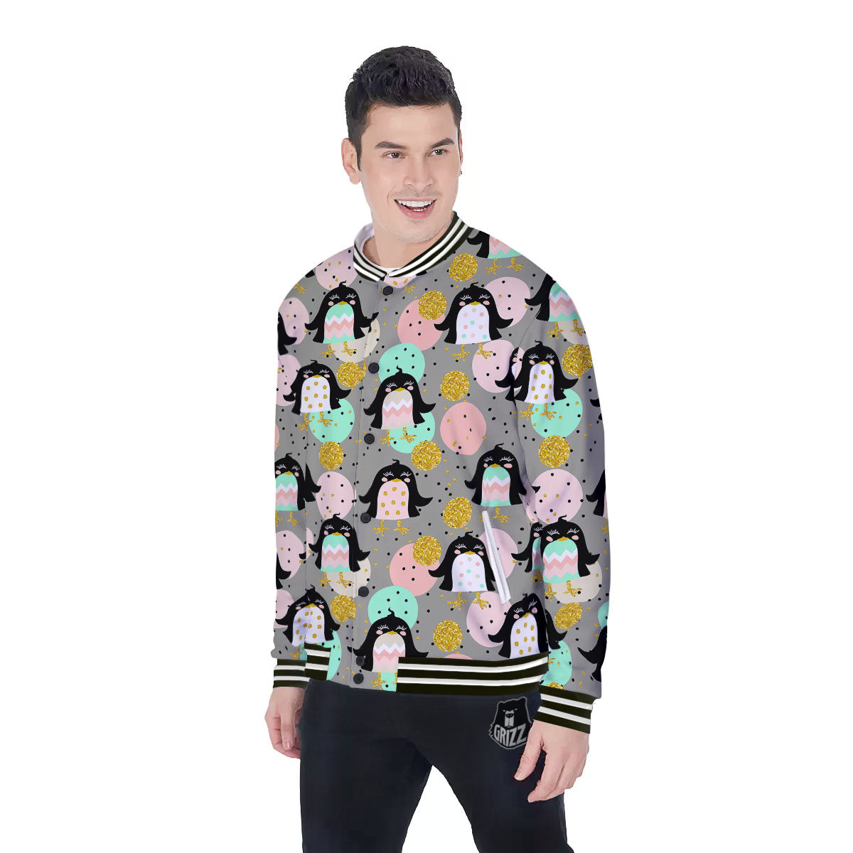 Penguin Pink Polka Print Pattern Baseball Jacket-grizzshop
