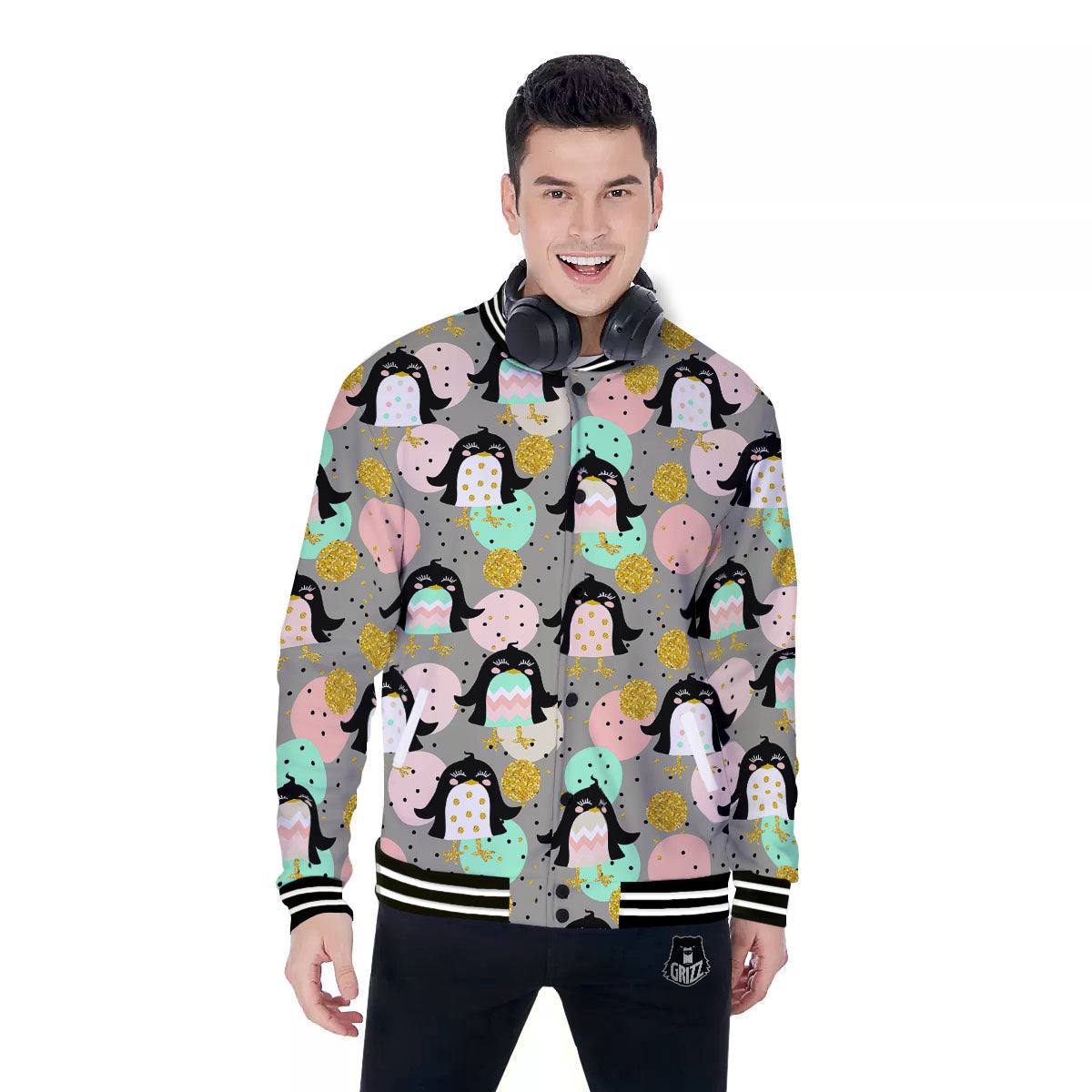 Penguin Pink Polka Print Pattern Baseball Jacket-grizzshop