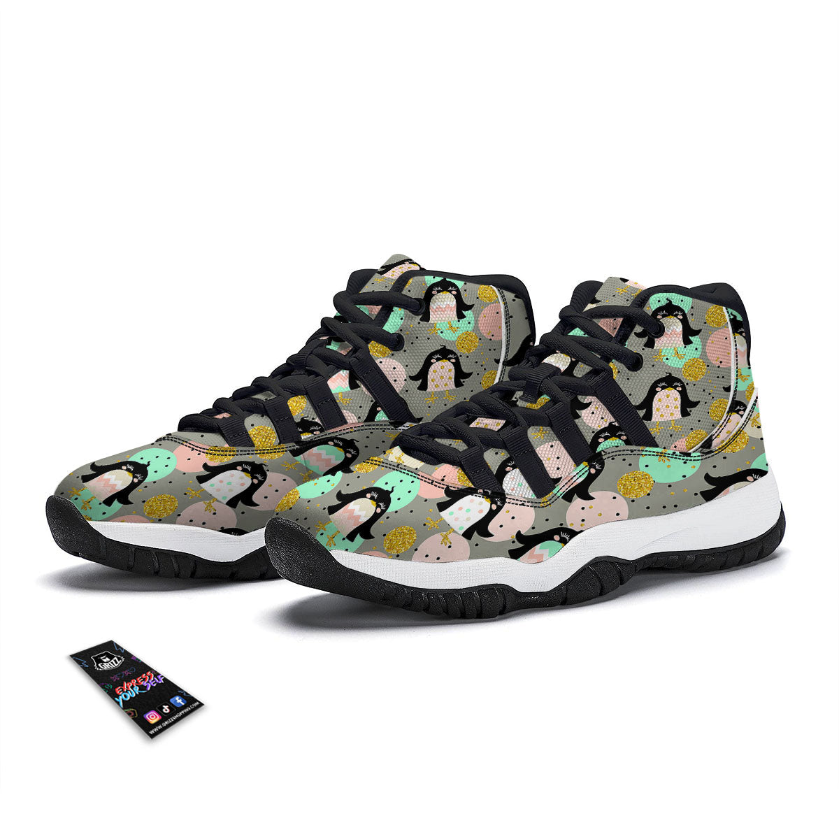 Penguin Pink Polka Print Pattern Black Bball Shoes-grizzshop