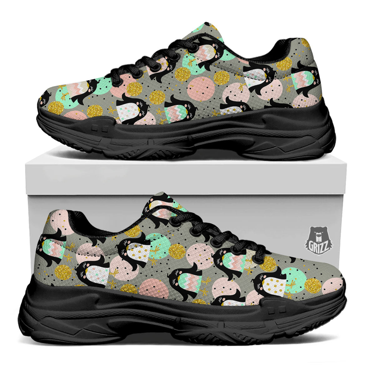 Penguin Pink Polka Print Pattern Black Chunky Shoes-grizzshop