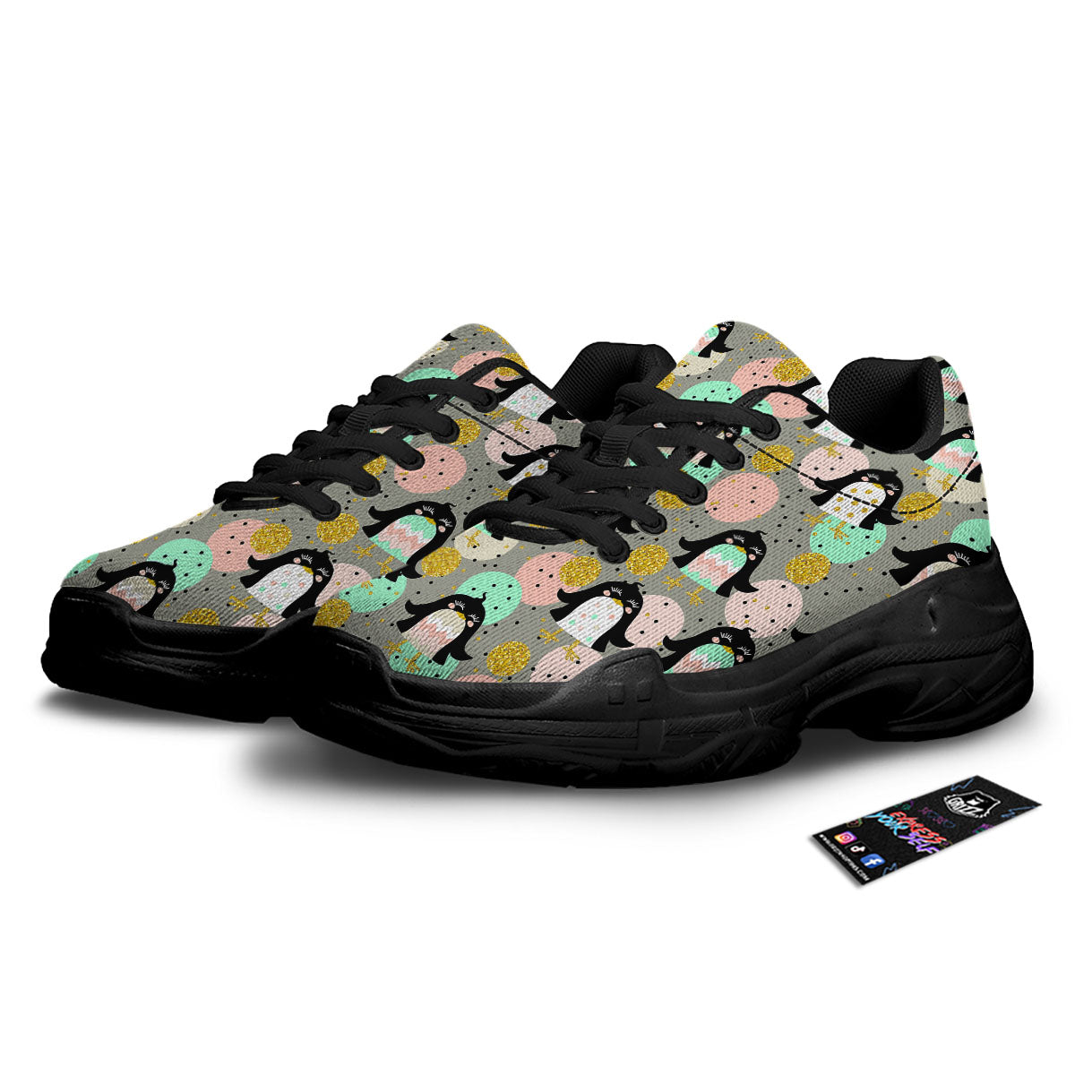 Penguin Pink Polka Print Pattern Black Chunky Shoes-grizzshop