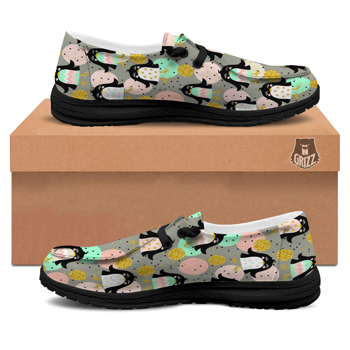 Penguin Pink Polka Print Pattern Black Loafers-grizzshop