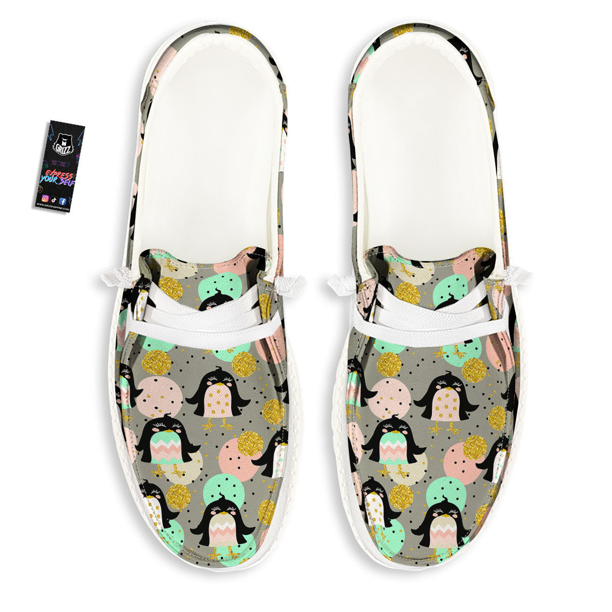 Penguin Pink Polka Print Pattern Black Loafers-grizzshop