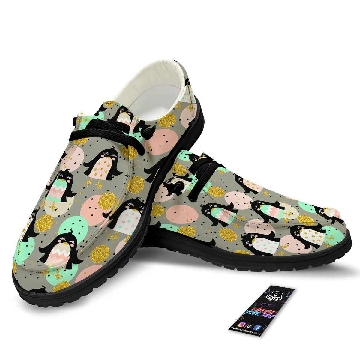 Penguin Pink Polka Print Pattern Black Loafers-grizzshop
