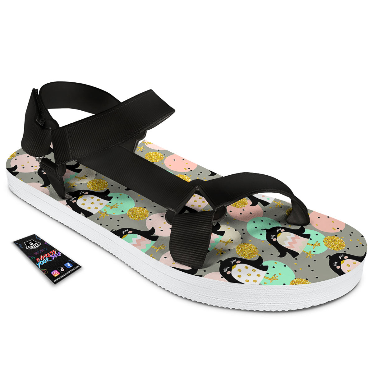 Penguin Pink Polka Print Pattern Black Open Toe Sandals-grizzshop