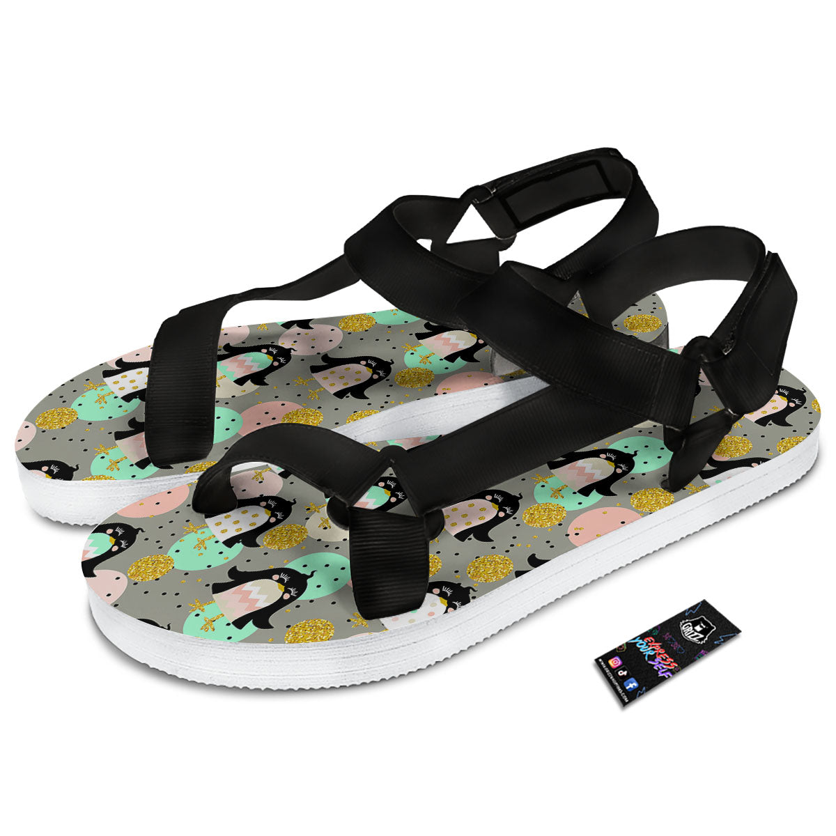 Penguin Pink Polka Print Pattern Black Open Toe Sandals-grizzshop