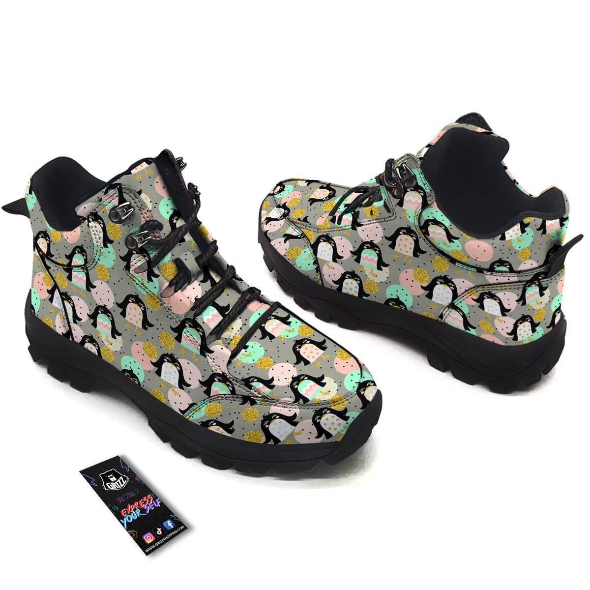 Penguin Pink Polka Print Pattern Hiking Shoes-grizzshop