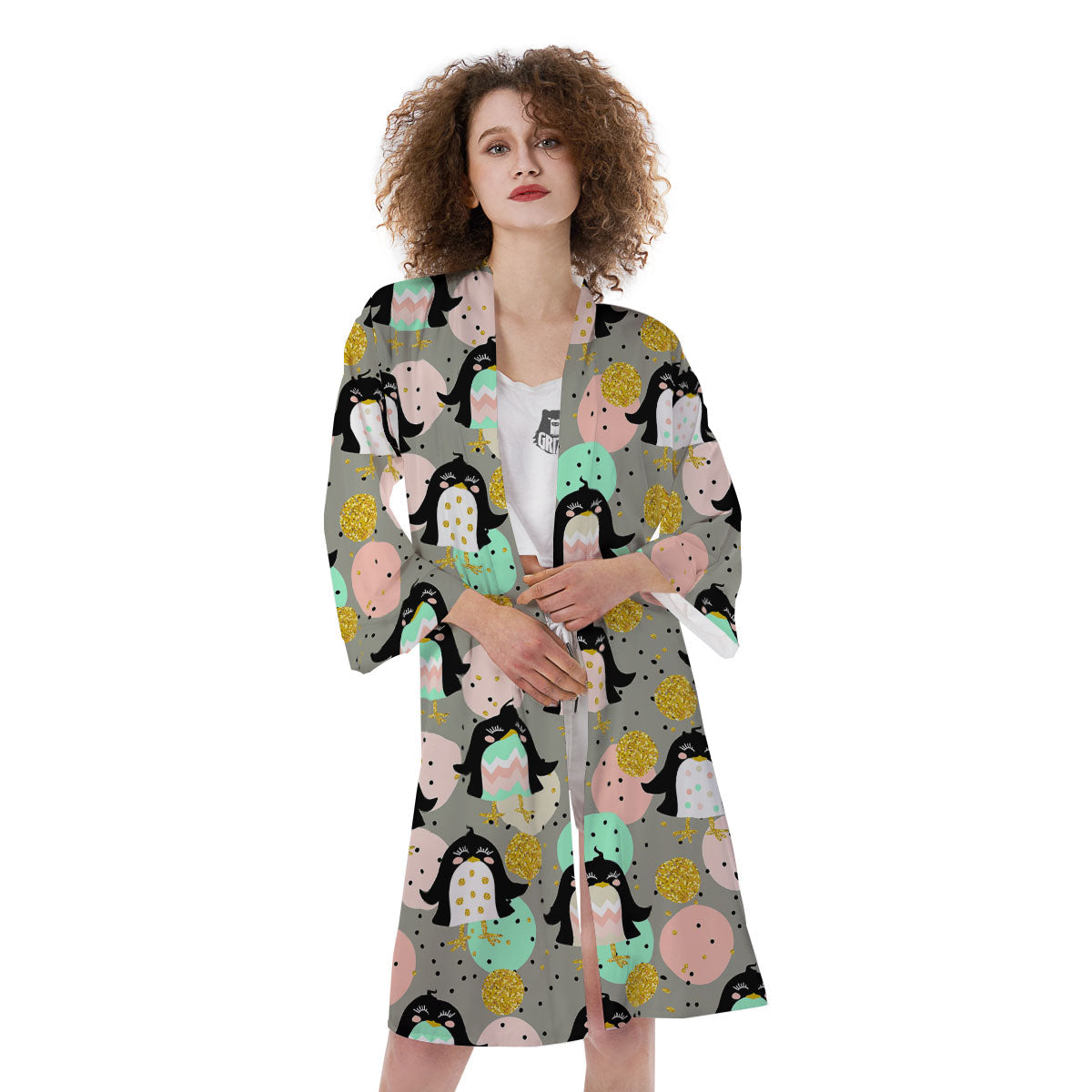 Penguin Pink Polka Print Pattern Kimono-grizzshop