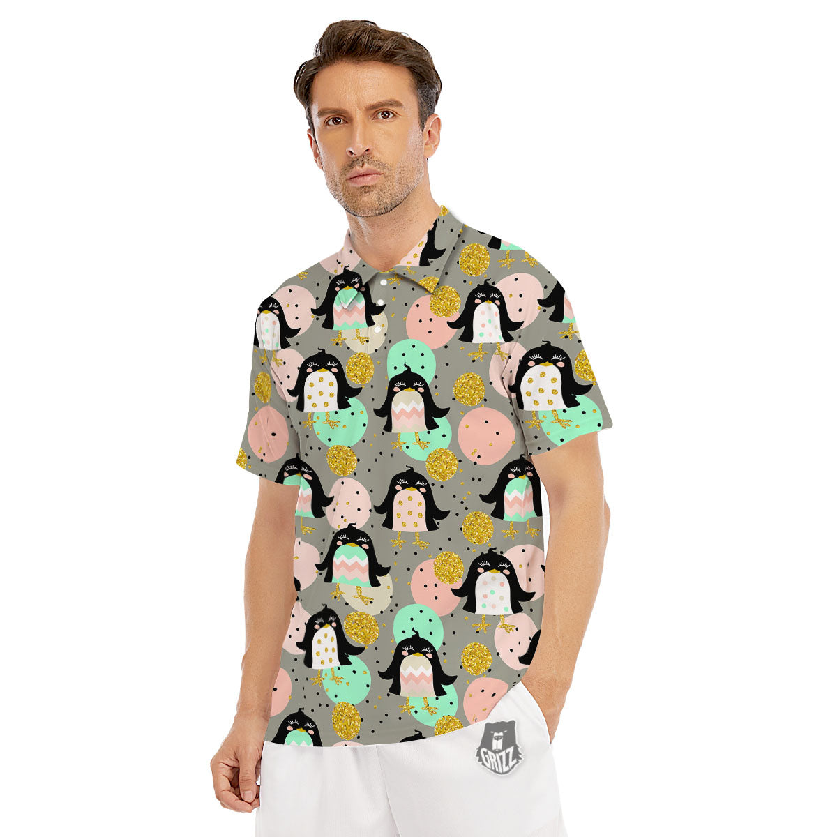 Penguin Pink Polka Print Pattern Men's Golf Shirts-grizzshop