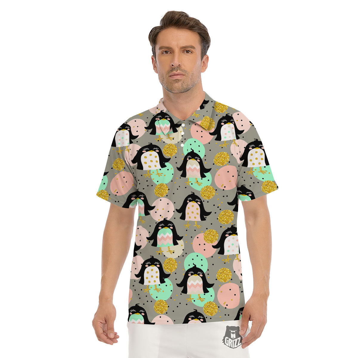 Penguin Pink Polka Print Pattern Men's Golf Shirts-grizzshop