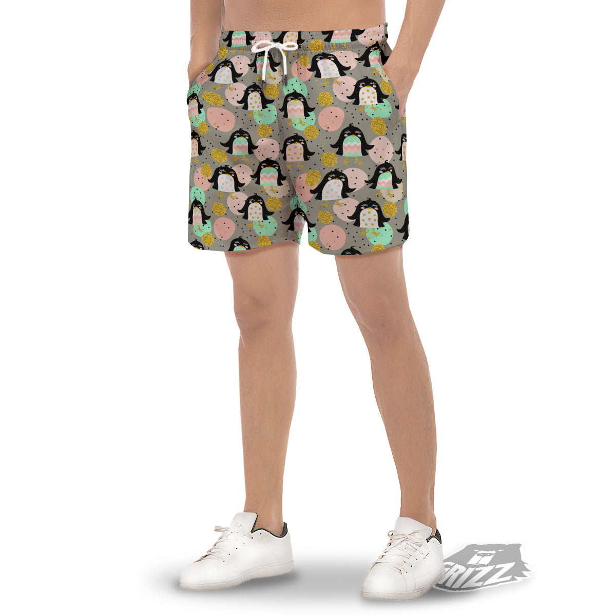 Penguin Pink Polka Print Pattern Men's Gym Shorts-grizzshop