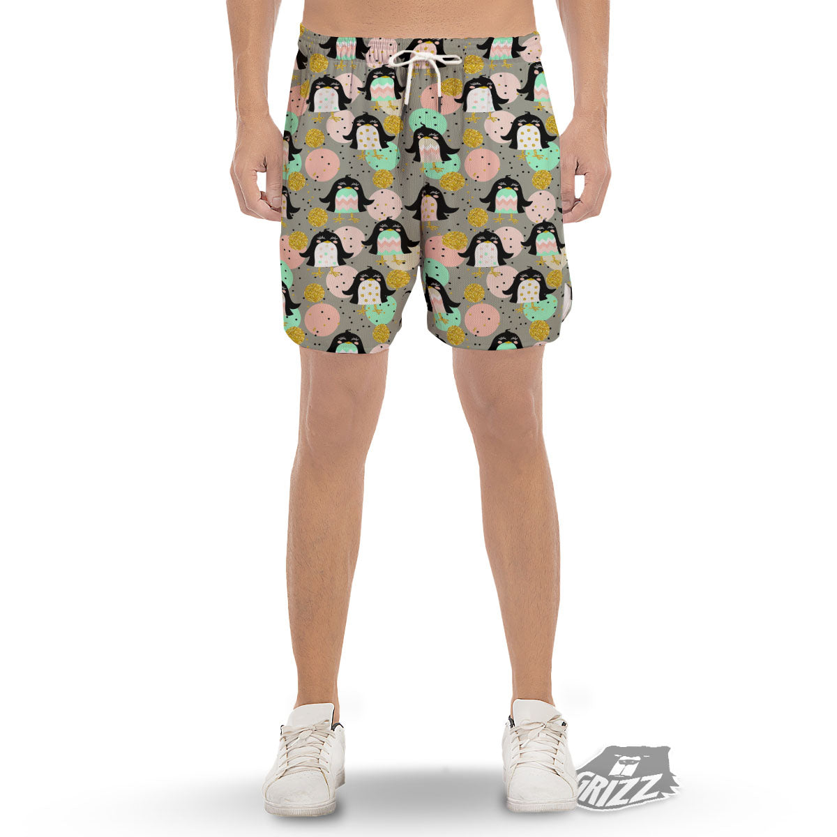 Penguin Pink Polka Print Pattern Men's Gym Shorts-grizzshop