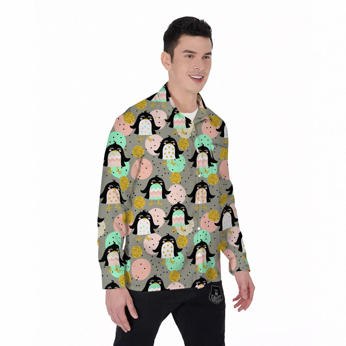 Penguin Pink Polka Print Pattern Men's Long Sleeve Shirts-grizzshop