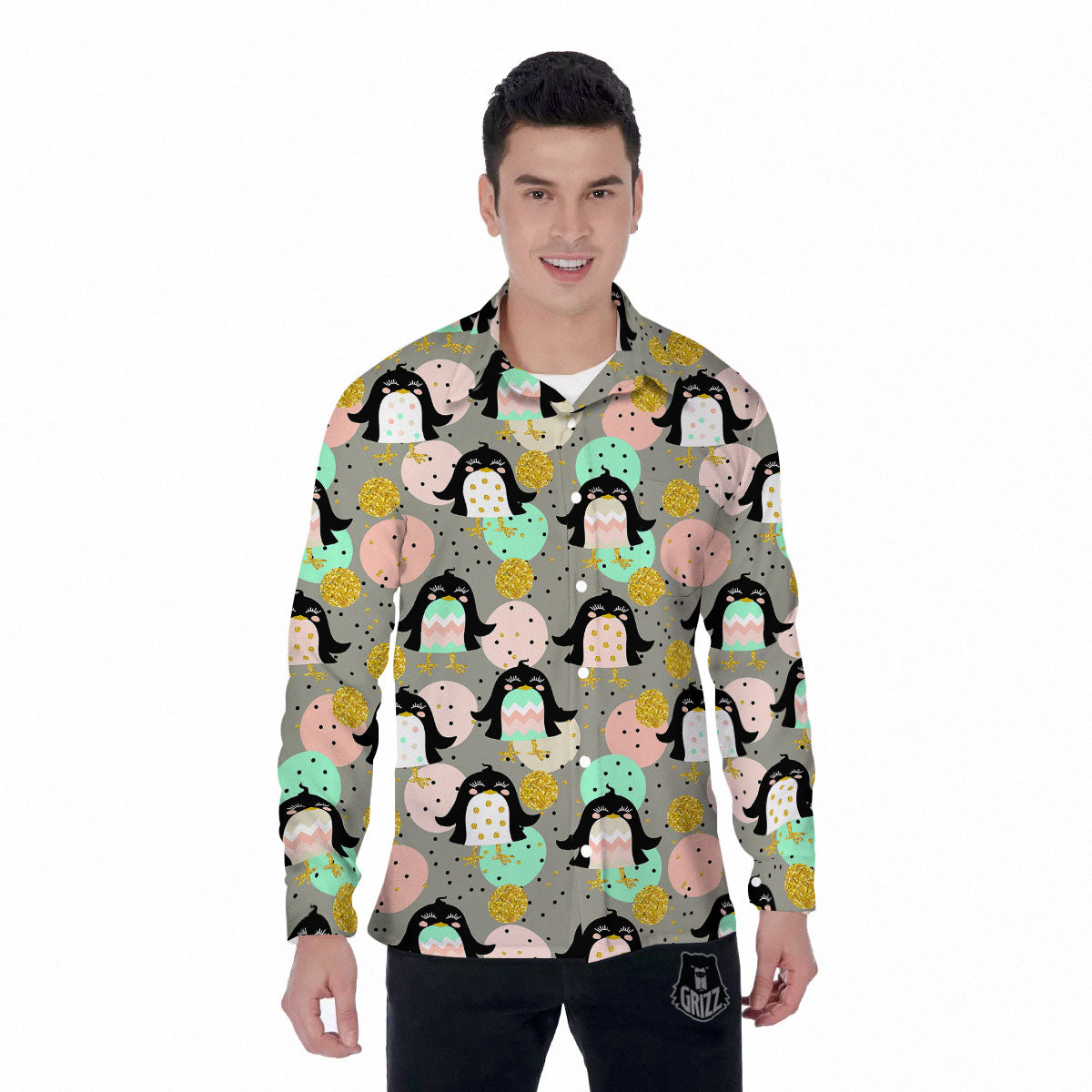 Penguin Pink Polka Print Pattern Men's Long Sleeve Shirts-grizzshop