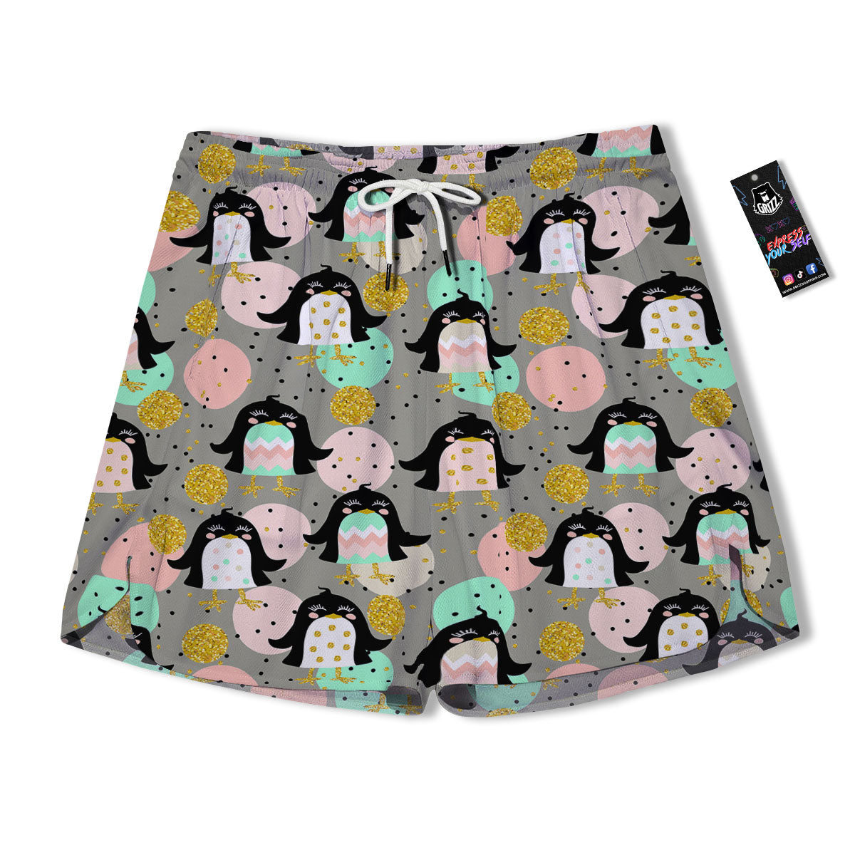 Penguin Pink Polka Print Pattern Men's Running Shorts-grizzshop