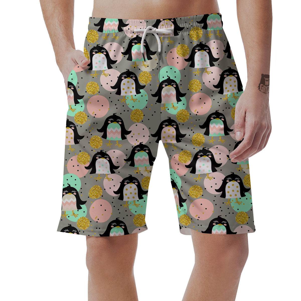 Penguin Pink Polka Print Pattern Men's Shorts-grizzshop