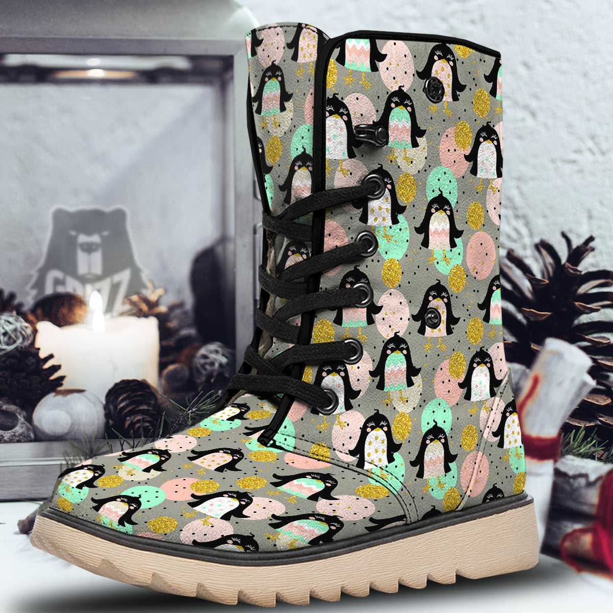 Penguin Pink Polka Print Pattern Snow Boots-grizzshop