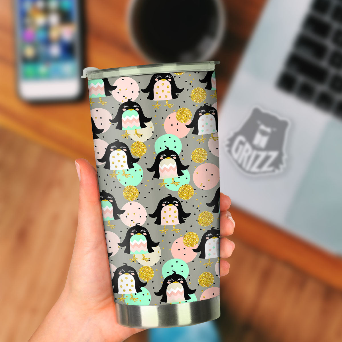 Penguin Pink Polka Print Pattern Tumbler-grizzshop