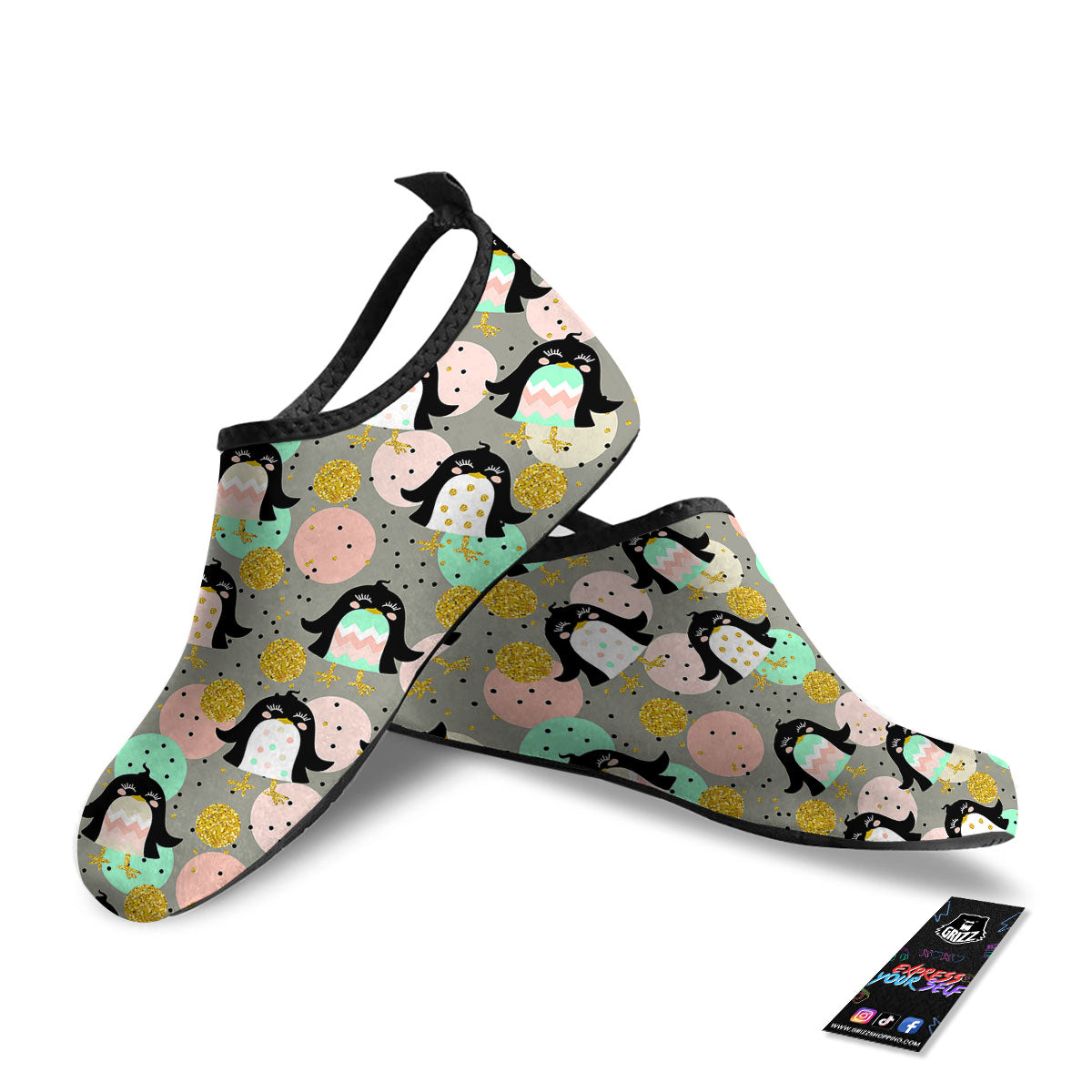 Penguin Pink Polka Print Pattern Water Shoes-grizzshop