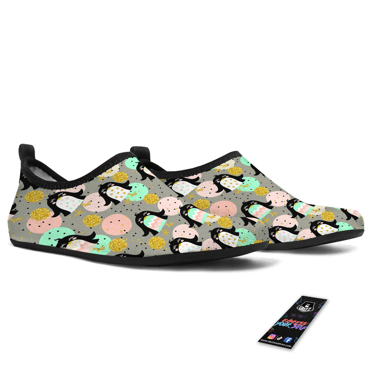 Penguin Pink Polka Print Pattern Water Shoes-grizzshop