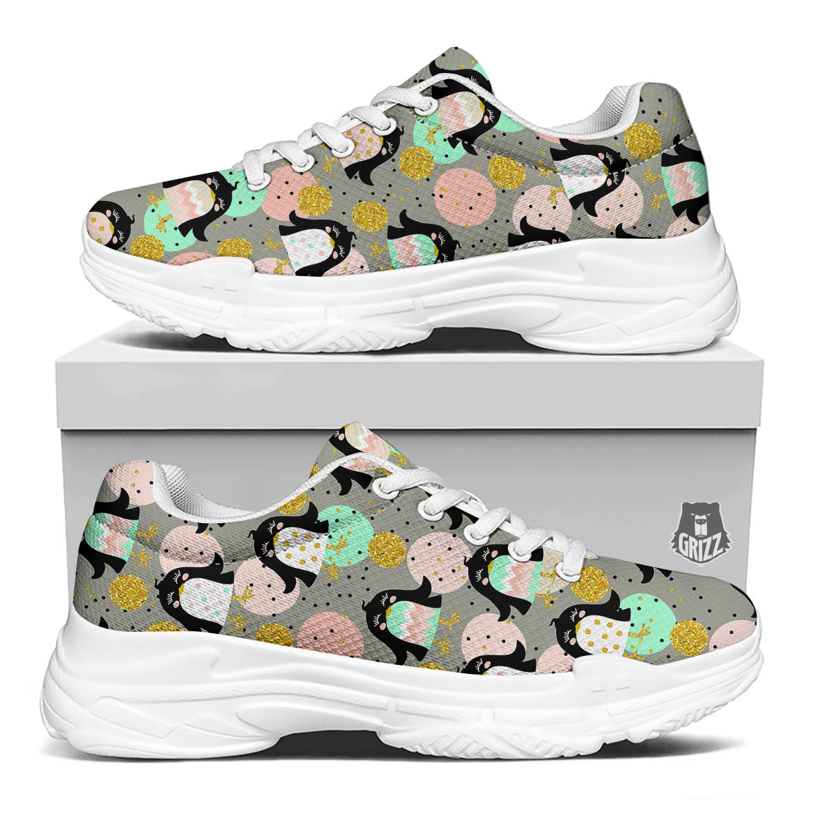 Penguin Pink Polka Print Pattern White Chunky Shoes-grizzshop