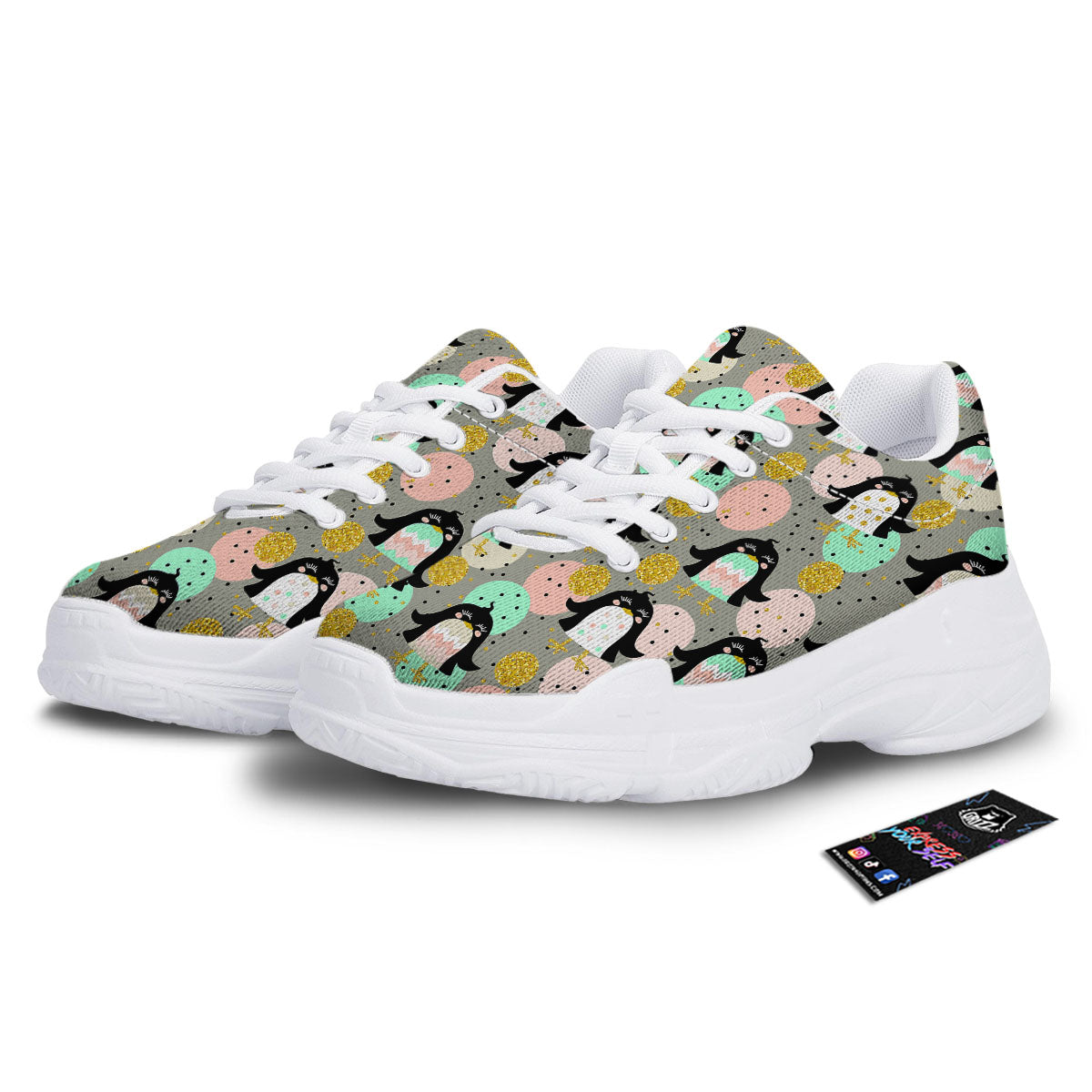 Penguin Pink Polka Print Pattern White Chunky Shoes-grizzshop