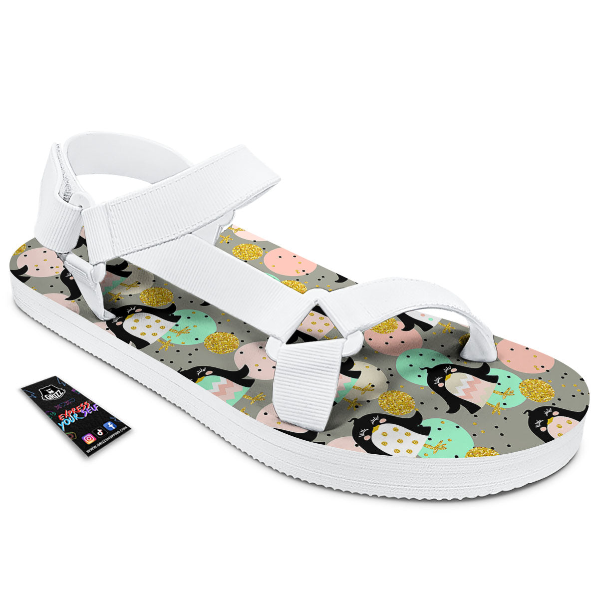 Penguin Pink Polka Print Pattern White Open Toe Sandals-grizzshop