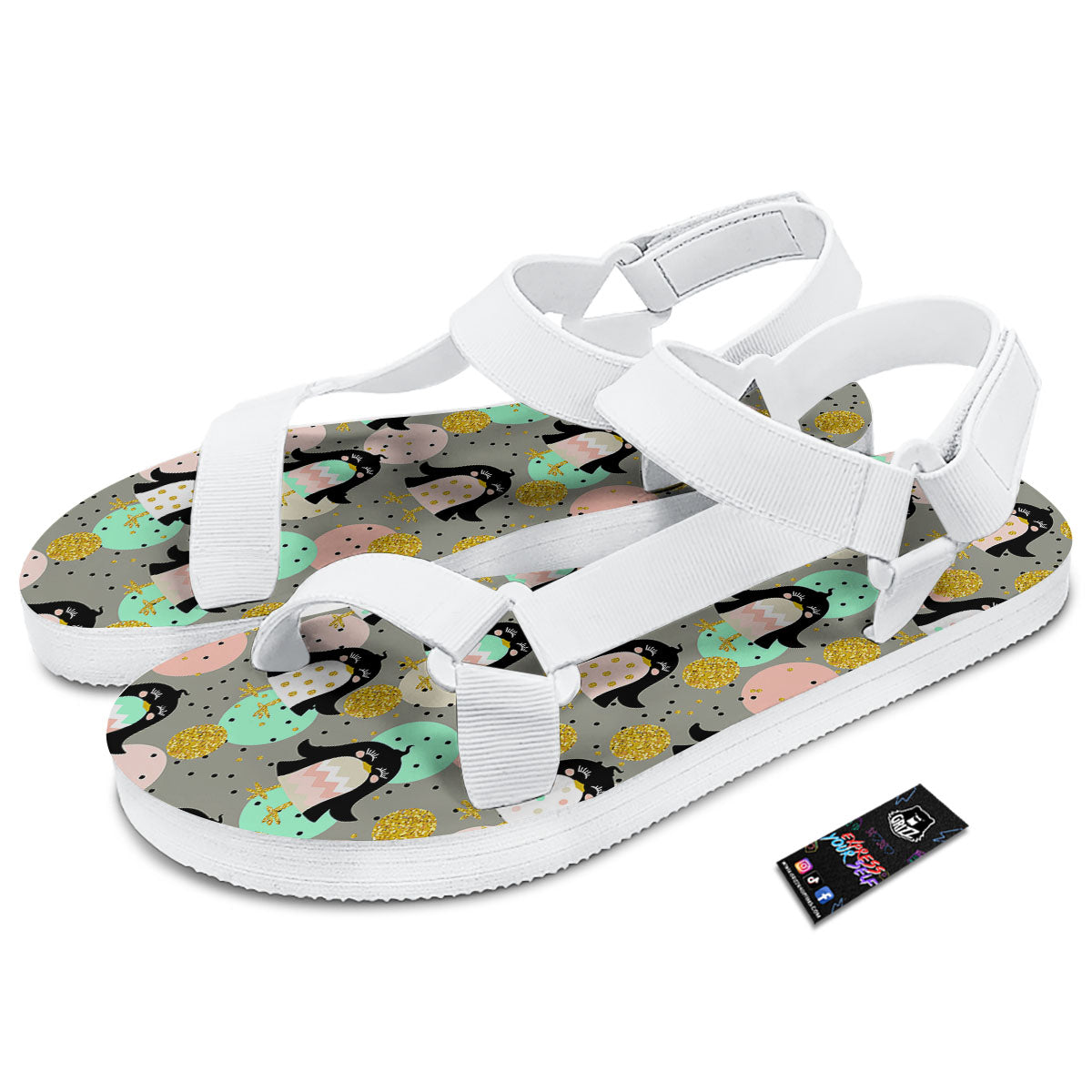 Penguin Pink Polka Print Pattern White Open Toe Sandals-grizzshop