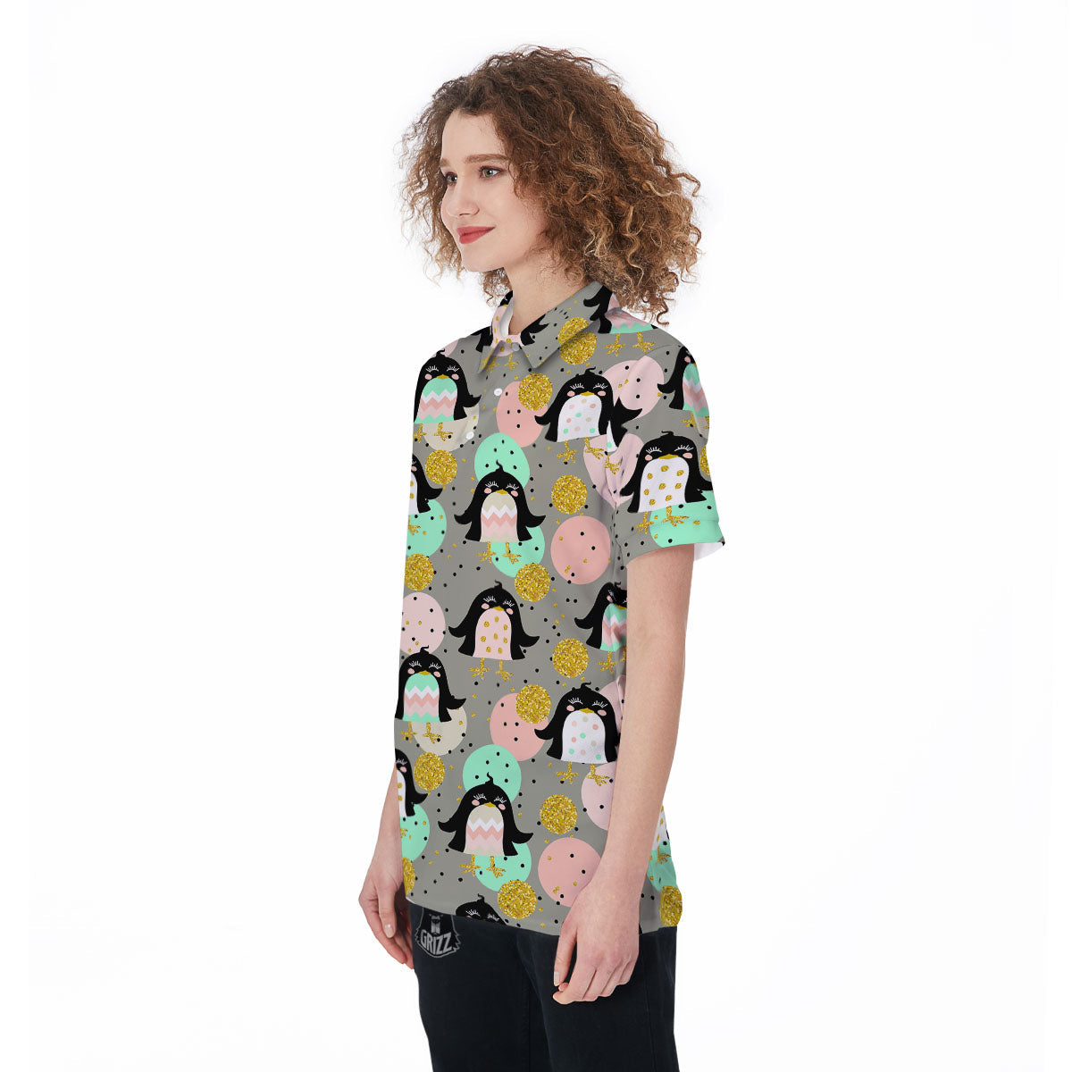 Penguin Pink Polka Print Pattern Women's Golf Shirts-grizzshop