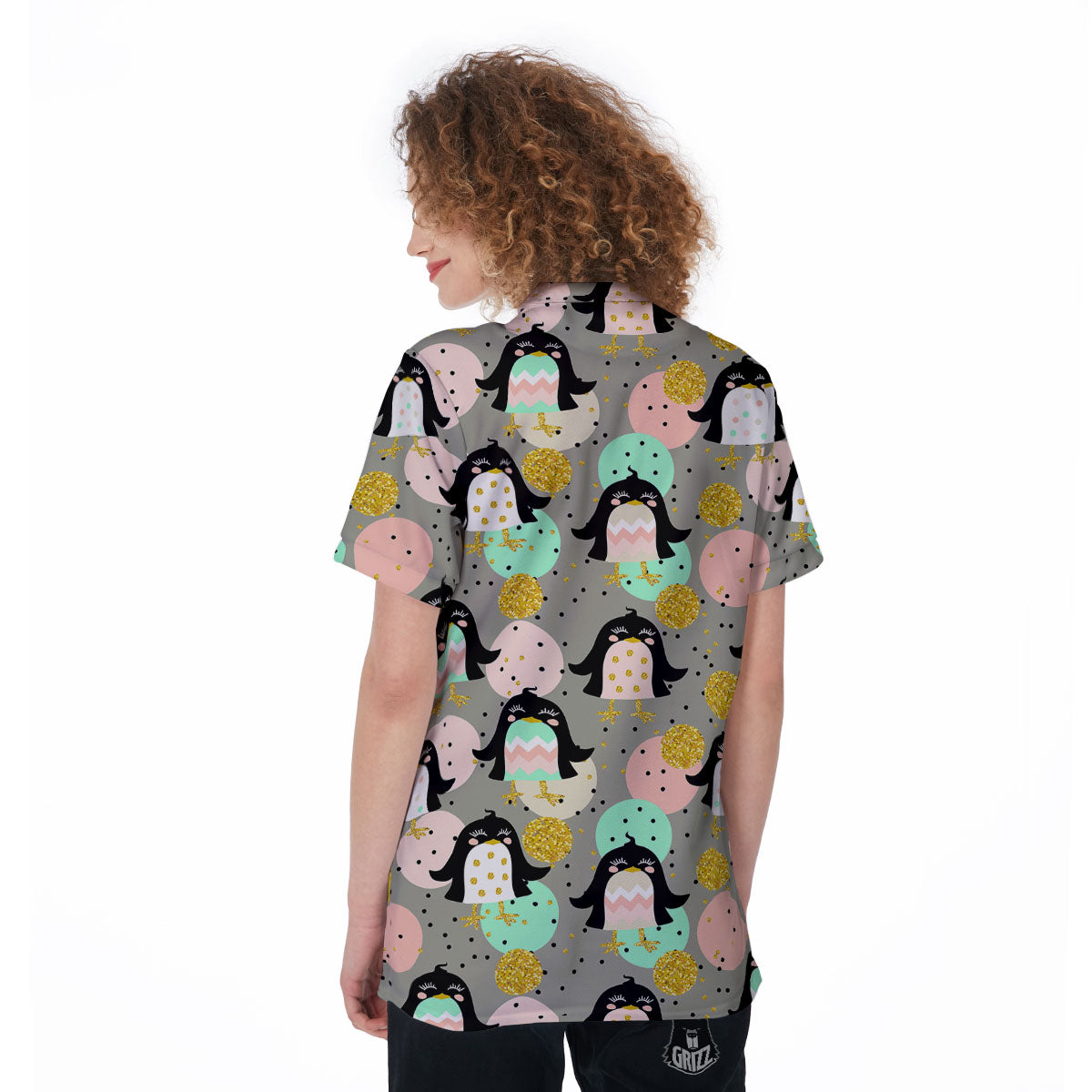 Penguin Pink Polka Print Pattern Women's Golf Shirts-grizzshop